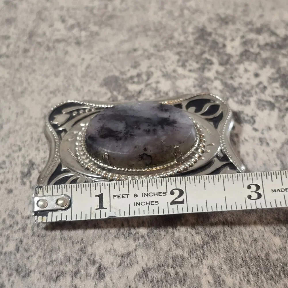 Vintage Belt Buckle black stone center metal tulip geometric men women silver